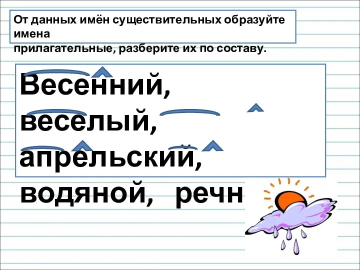 От данных имён существительных образуйте имена прилагательные, разберите их по составу. Весенний, веселый, апрельский, водяной, речной.