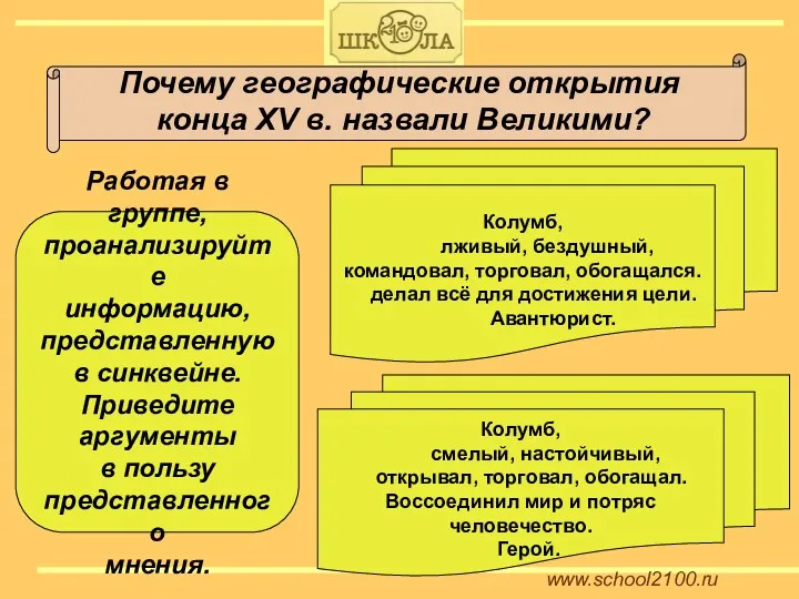 www.school2100.ru Почему географические открытия конца XV в. назвали Великими? Колумб,