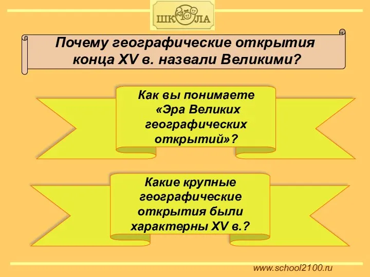 www.school2100.ru Почему географические открытия конца XV в. назвали Великими? Как