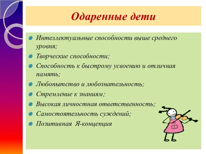 Одаренные дети Интеллектуальные способности выше среднего уровня; Творческие способности; Способность