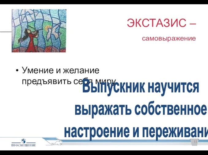 ЭКСТАЗИС – самовыражение Умение и желание предъявить себя миру Выпускник научится выражать собственное настроение и переживания