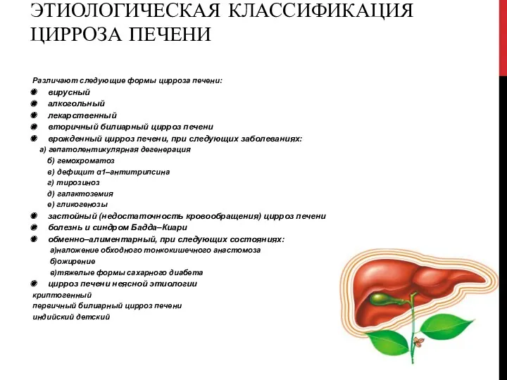 ЭТИОЛОГИЧЕСКАЯ КЛАССИФИКАЦИЯ ЦИРРОЗА ПЕЧЕНИ Различают следующие формы цирроза печени: вирусный
