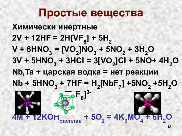 Простые вещества Химически инертные 2V + 12HF = 2H[VF6] +