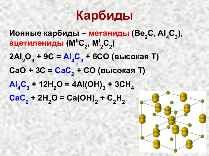 Карбиды Ионные карбиды – метаниды (Be2C, Al4C3), ацетилениды (MIIC2, MI2C2)