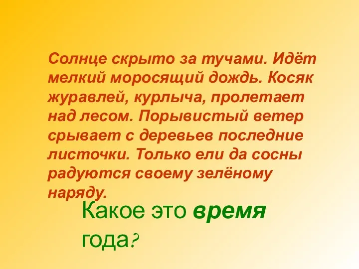 Солнце скрыто за тучами. Идёт мелкий моросящий дождь. Косяк журавлей, курлыча, пролетает над