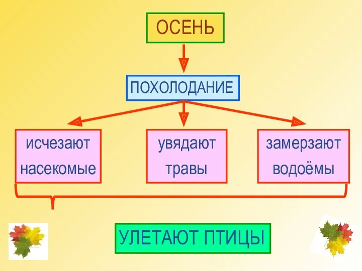 ОСЕНЬ ПОХОЛОДАНИЕ исчезают насекомые увядают травы замерзают водоёмы УЛЕТАЮТ ПТИЦЫ