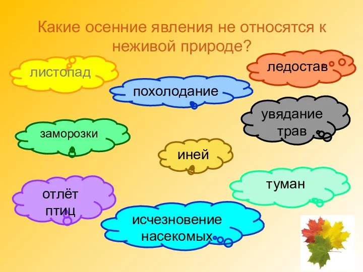 Какие осенние явления не относятся к неживой природе? листопад ледостав похолодание заморозки туман