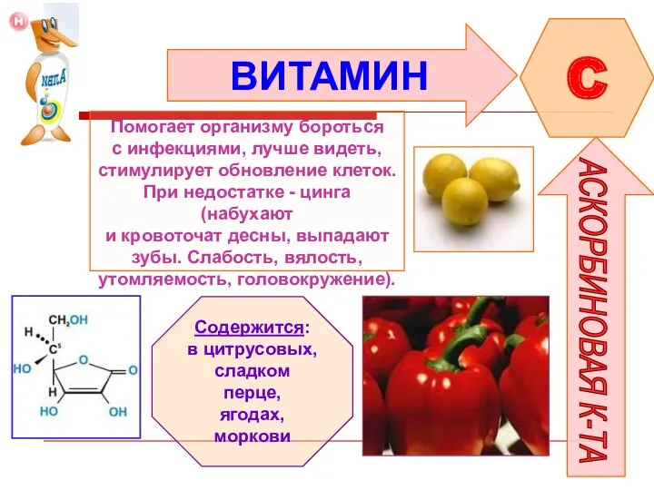 ВИТАМИН C АСКОРБИНОВАЯ К-ТА Помогает организму бороться с инфекциями, лучше