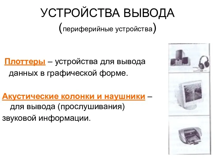 Плоттеры – устройства для вывода данных в графической форме. Акустические