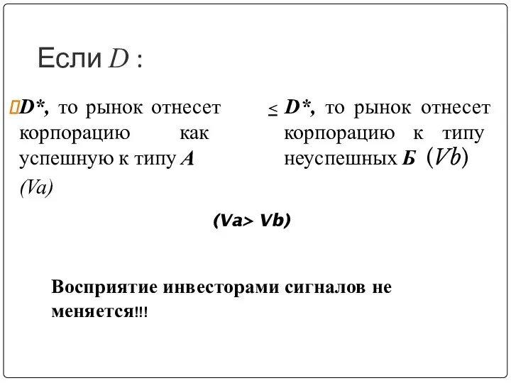 Если D : D*, то рынок отнесет корпорацию как успешную