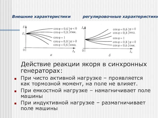 Внешние характеристики регулировочные характеристики Действие реакции якоря в синхронных генераторах: