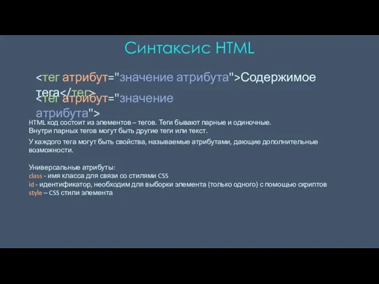 Содержимое тега Синтаксис HTML HTML код состоит из элементов –