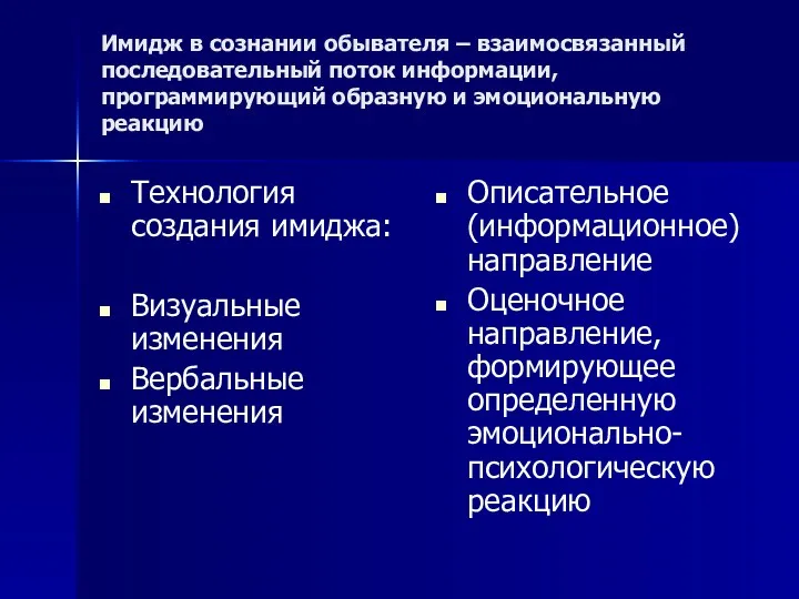 Имидж в сознании обывателя – взаимосвязанный последовательный поток информации, программирующий образную и эмоциональную