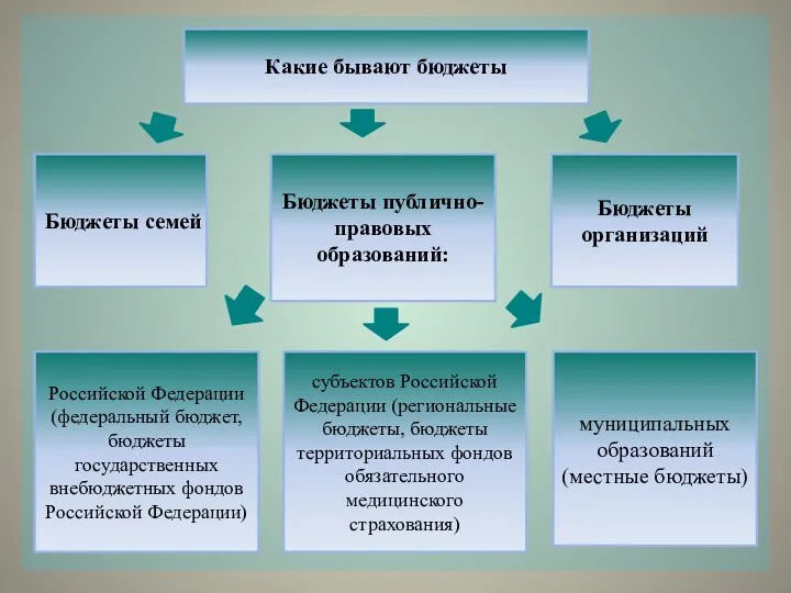 Какие бывают бюджеты Бюджеты семей Бюджеты публично-правовых образований: Бюджеты организаций Российской Федерации (федеральный