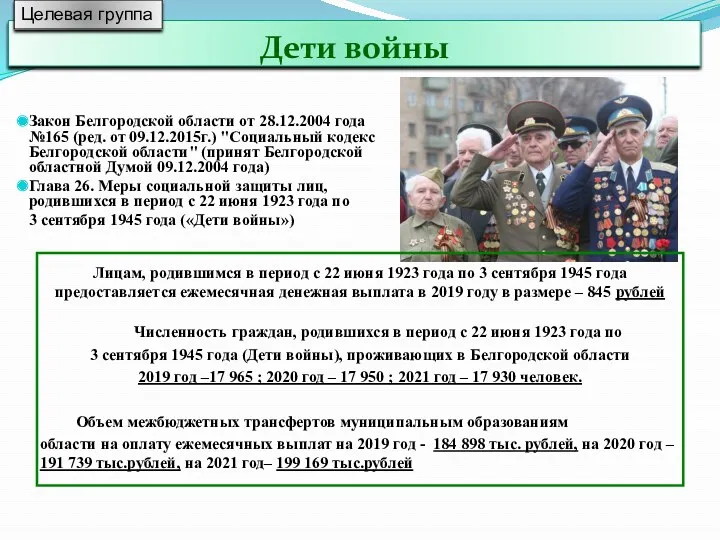Дети войны Закон Белгородской области от 28.12.2004 года №165 (ред. от 09.12.2015г.) "Социальный