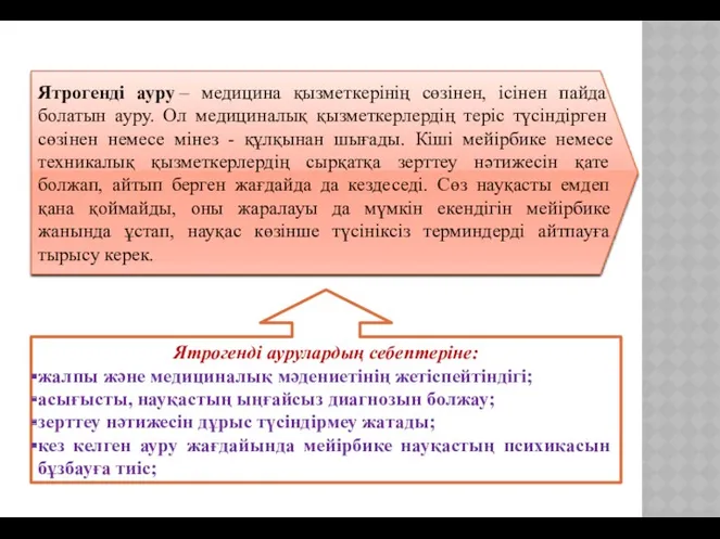 Ятрогенді ауру – медицина қызметкерінің сөзінен, ісінен пайда болатын ауру.