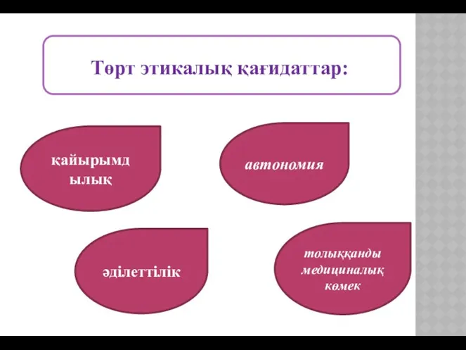 Төрт этикалық қағидаттар: қайырымдылық автономия әділеттілік толыққанды медициналық көмек