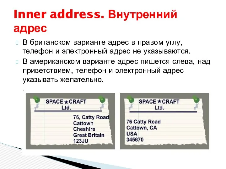 В британском варианте адрес в правом углу, телефон и электронный