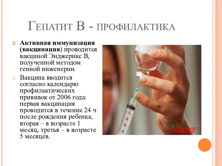 Гепатит В - профилактика Активная иммунизация (вакцинация) проводится вакциной Энджерикс
