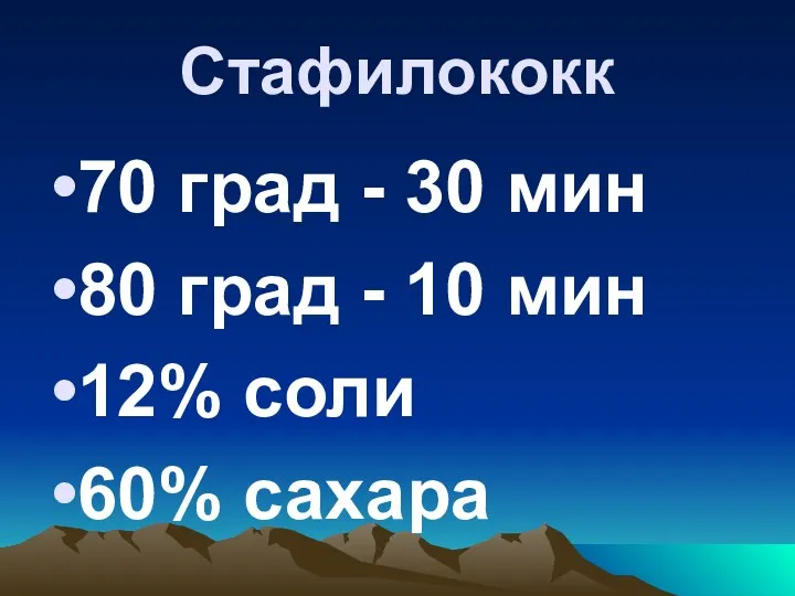 Стафилококк 70 град - 30 мин 80 град - 10 мин 12% соли 60% сахара