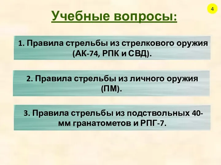 Учебные вопросы: 1. Правила стрельбы из стрелкового оружия (АК-74, РПК