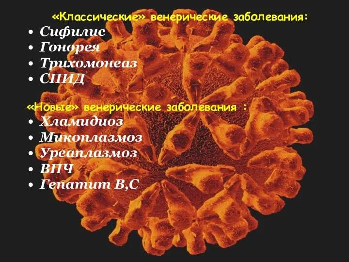 «Классические» венерические заболевания: Сифилис Гонорея Трихомонеаз СПИД «Новые» венерические заболевания