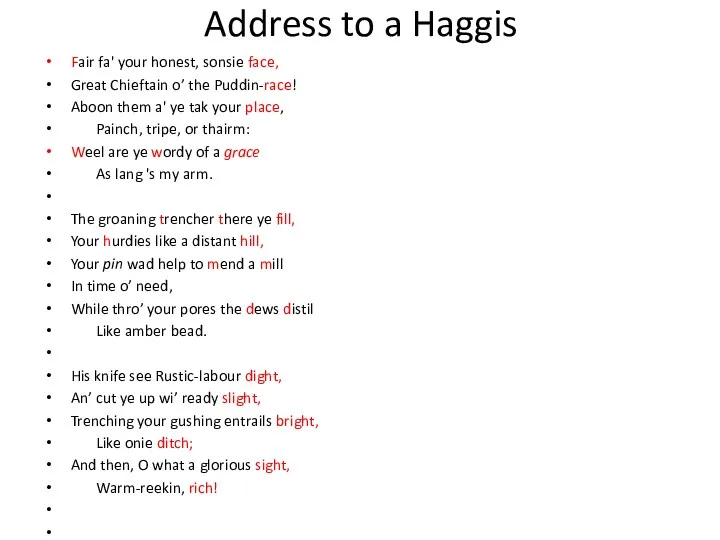 Address to a Haggis Fair fa' your honest, sonsie face,