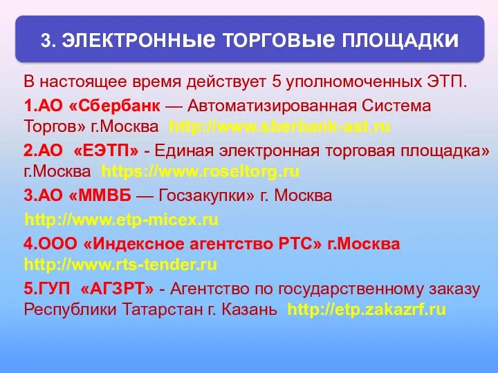 В настоящее время действует 5 уполномоченных ЭТП. 1.АО «Сбербанк —