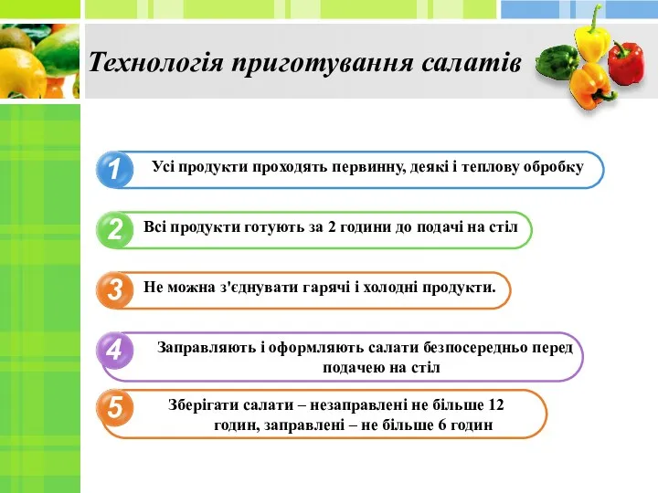 Технологія приготування салатів 1 2 3 4 Усі продукти проходять