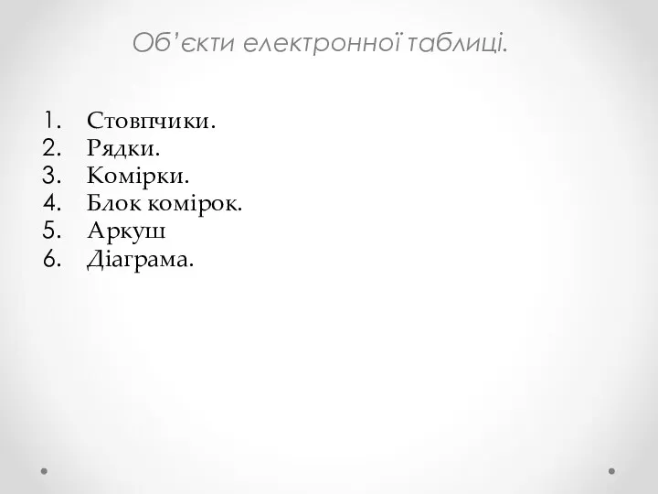 Об’єкти електронної таблиці. Стовпчики. Рядки. Комірки. Блок комірок. Аркуш Діаграма.