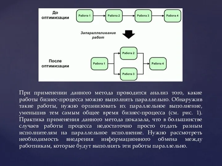 При применении данного метода проводится анализ того, какие работы бизнес-процесса можно выполнять параллельно.