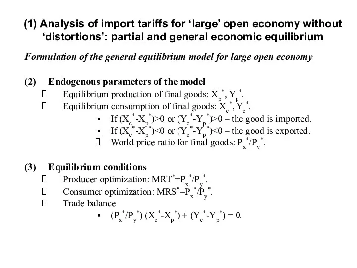 Formulation of the general equilibrium model for large open economy