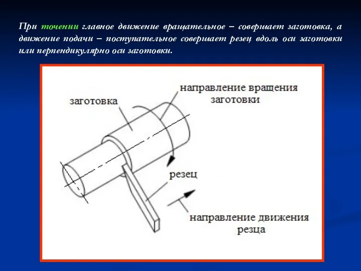 При точении главное движение вращательное – совершает заготовка, а движение подачи – поступательное