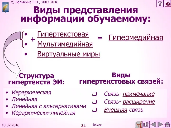 10.02.2016 Виды представления информации обучаемому: Гипертекстовая Мультимедийная Виртуальные миры =