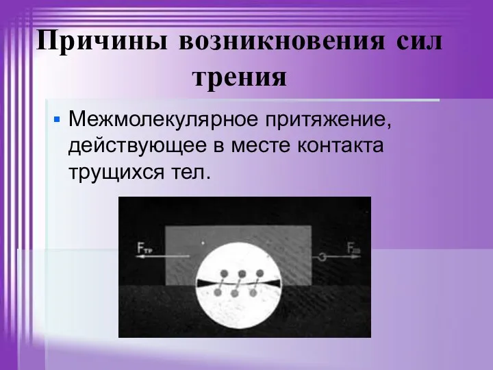 Причины возникновения сил трения Межмолекулярное притяжение, действующее в месте контакта трущихся тел.