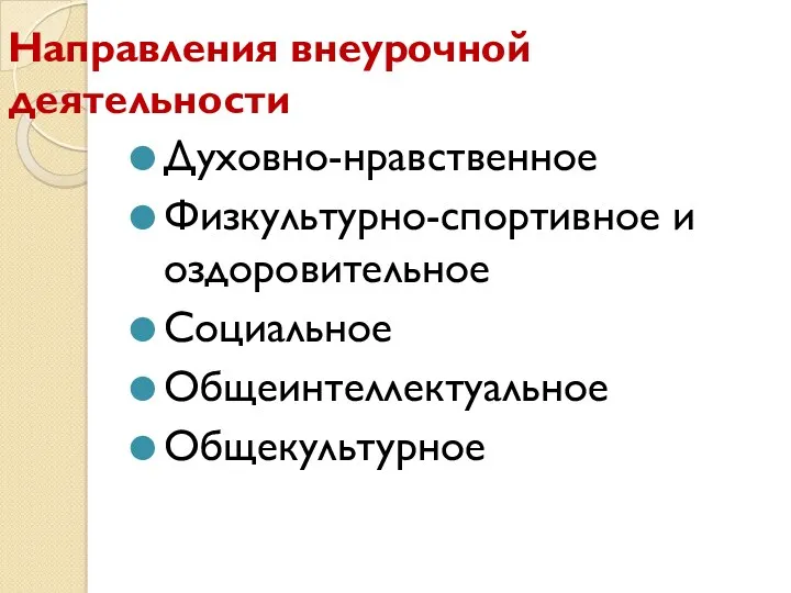 Направления внеурочной деятельности Духовно-нравственное Физкультурно-спортивное и оздоровительное Социальное Общеинтеллектуальное Общекультурное