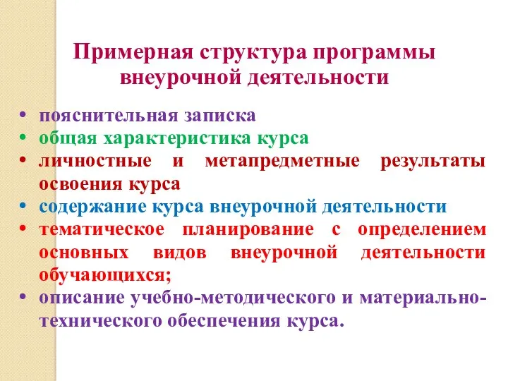 Примерная структура программы внеурочной деятельности пояснительная записка общая характеристика курса