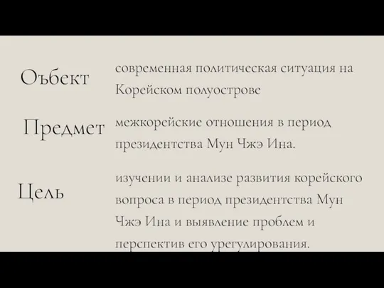 Предмет Оъбект Цель современная политическая ситуация на Корейском полуострове межкорейские