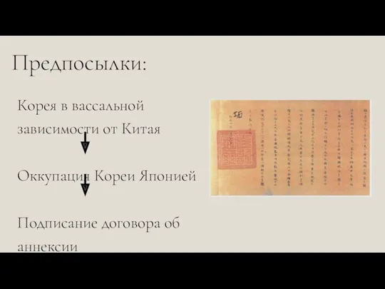 Предпосылки: Корея в вассальной зависимости от Китая Оккупация Кореи Японией Подписание договора об аннексии