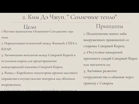 2. Ким Дэ Чжун. " Солнечное тепло" Принципы Цели 1.