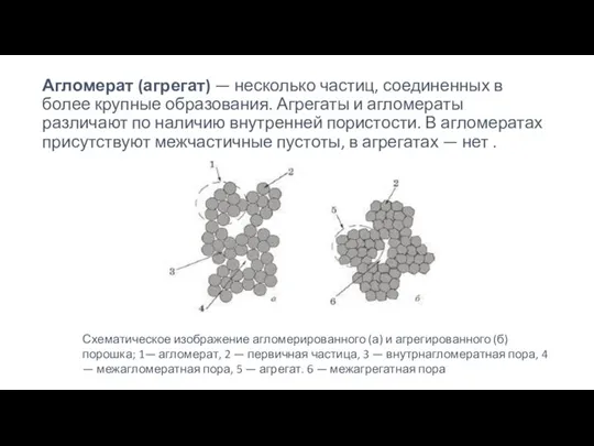 Агломерат (агрегат) — несколько частиц, соединенных в более крупные образования.