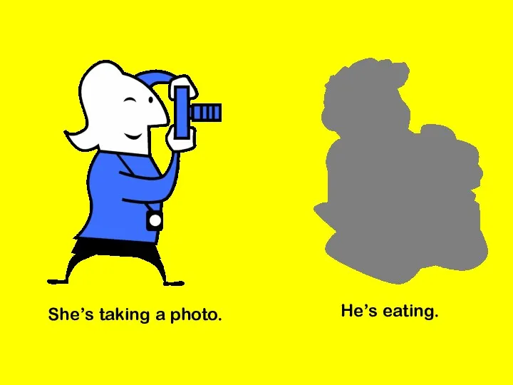 She’s taking a photo. He’s eating.
