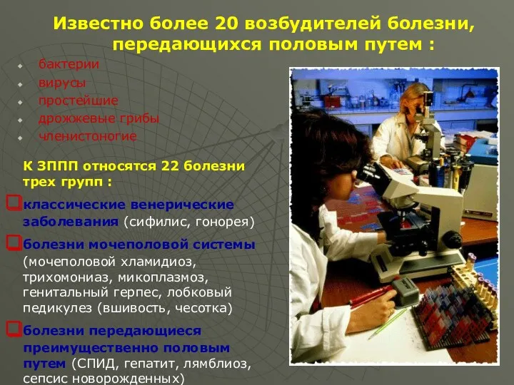 Известно более 20 возбудителей болезни, передающихся половым путем : бактерии