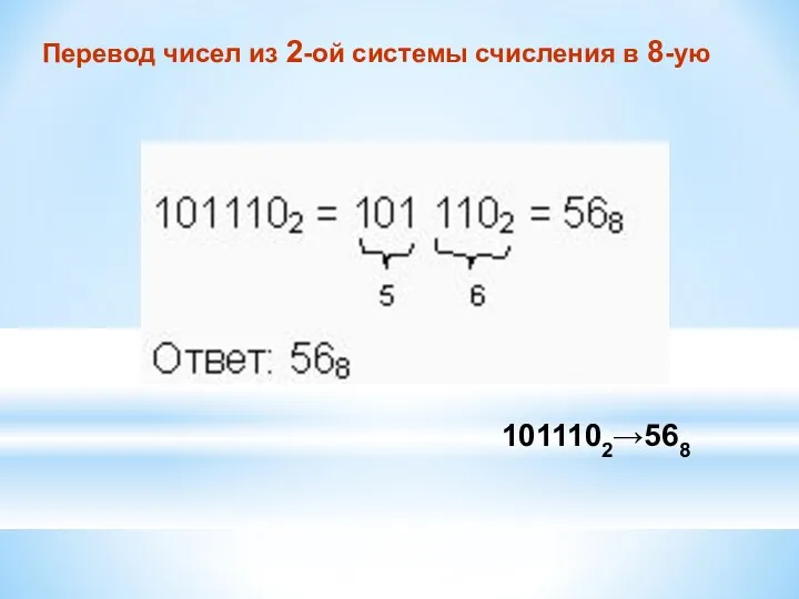 Перевод чисел из 2-ой системы счисления в 8-ую 1011102→568