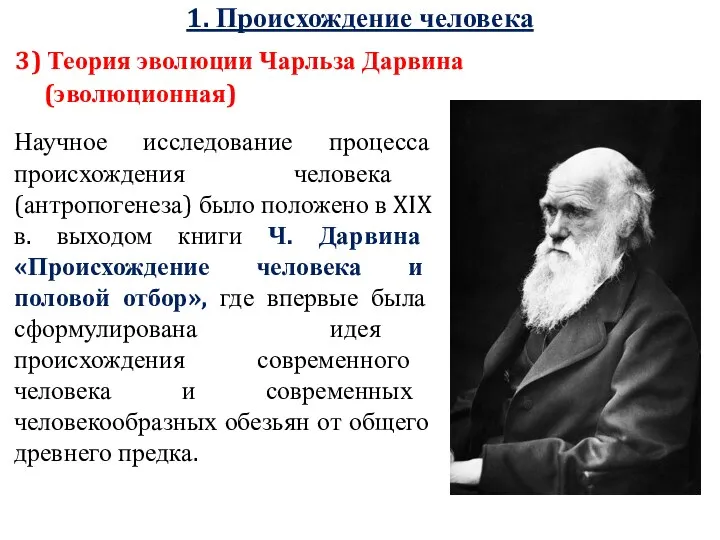 1. Происхождение человека 3) Теория эволюции Чарльза Дарвина (эволюционная) Научное