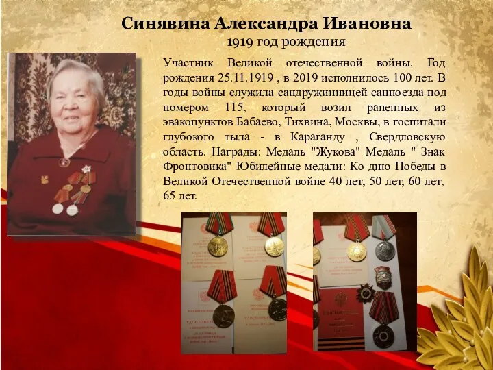 . Синявина Александра Ивановна 1919 год рождения Участник Великой отечественной