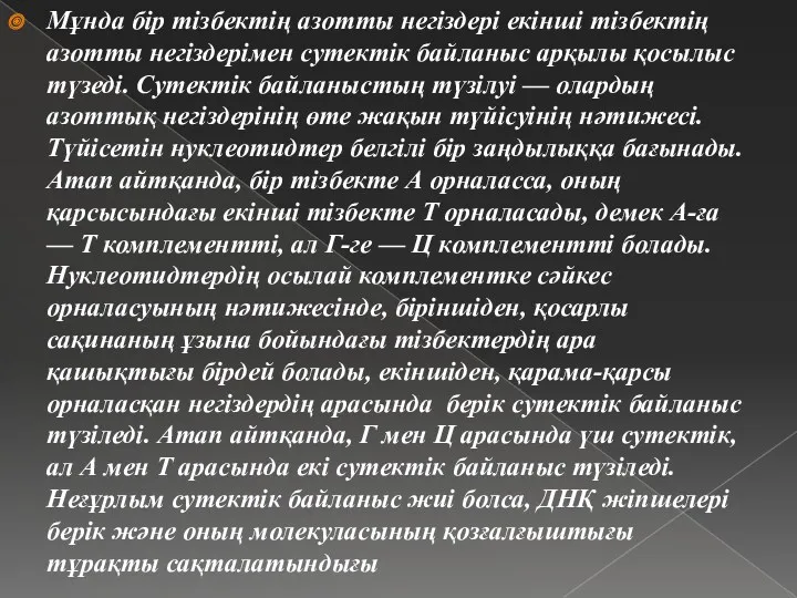 Мұнда бір тізбектің азотты негіздері екінші тізбектің азотты негіздерімен сутектік