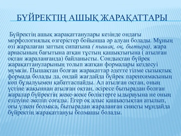 БҮЙРЕКТІҢ АШЫҚ ЖАРАҚАТТАРЫ Бүйректің ашық жарақаттанулары кезінде ондағы морфологиялық өзгерістер