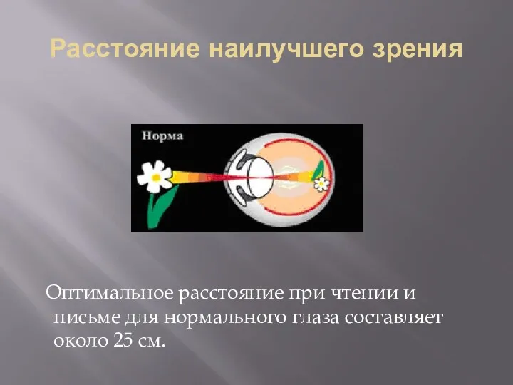 Расстояние наилучшего зрения Оптимальное расстояние при чтении и письме для нормального глаза составляет около 25 см.