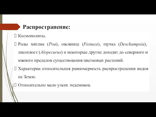 Распространение: Космополиты. Роды мятлик (Poa), овсяница (Festuca), щучка (Deschampsia), лисохвост